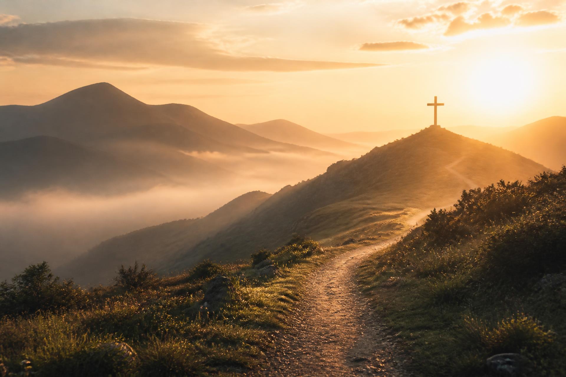 A quiet mountain pathway leading toward a cross at sunrise